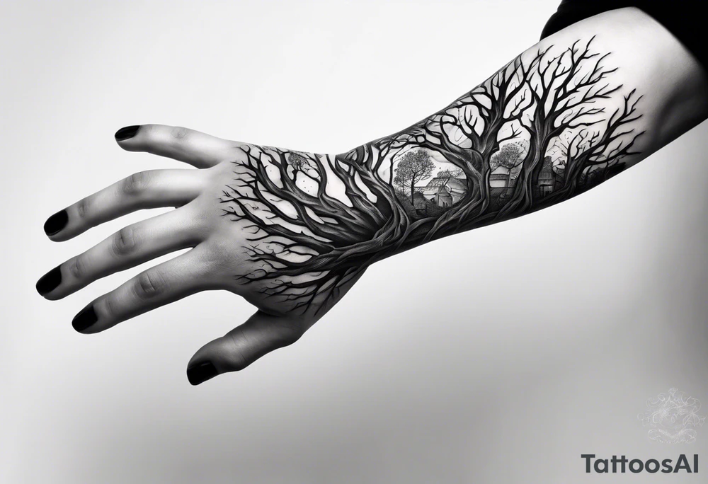 tattoo fool sleeve, tree roots break out of the chains at the bottom of the hand tattoo idea