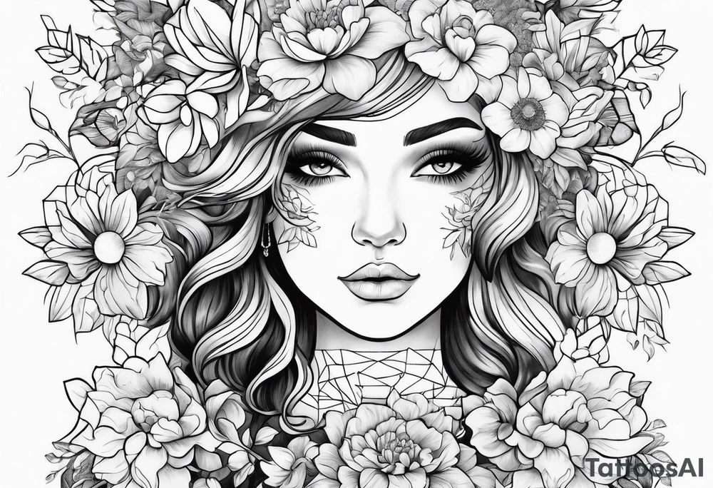 Flowers, Leo, girl with scrabble brain outline tattoo idea