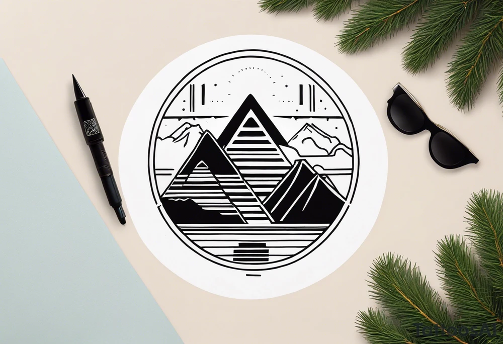 Create a minimalistic tattoo design incorporating a vertical line symbolizing a path. At the top is a spruce tree, the middle part is replaced with an outline of Machu Picchu, and at the bottom is an image of a sun with rays, stylized in Aztec art. Below the sun, add a small llama. All elements are done in black outline with no fill, creating a clean and symbolic image. tattoo idea