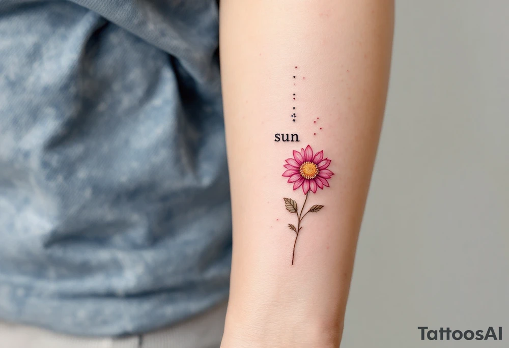 Word "Sun" written vertical with small sunflower in pink tattoo idea