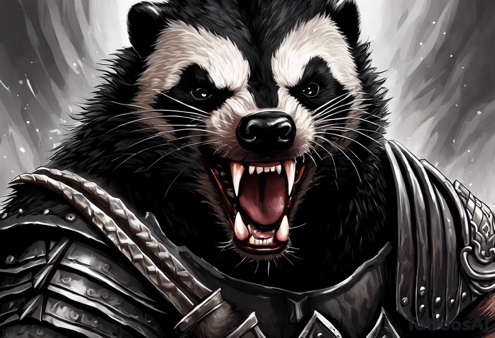 Draw me psychopath Honey Badger/Berserker/Fearless with aggressive full body, killer face with a scary smile, very long nails and he attacks like a Bloody Assassin/Warrior/Gladiator to us and also, he has very deadly looking. He fights with his nails only. Everybody scares after their first sight. Give me horror type Badger Tattoo. I want to see his Realistic full body with no weapons. You can show destruction at the back. tattoo idea