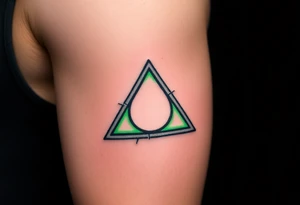 A Deathly Hallows full symbol etched into an ancient-looking stone, with deep cracks and glowing runes in eerie green light tattoo idea