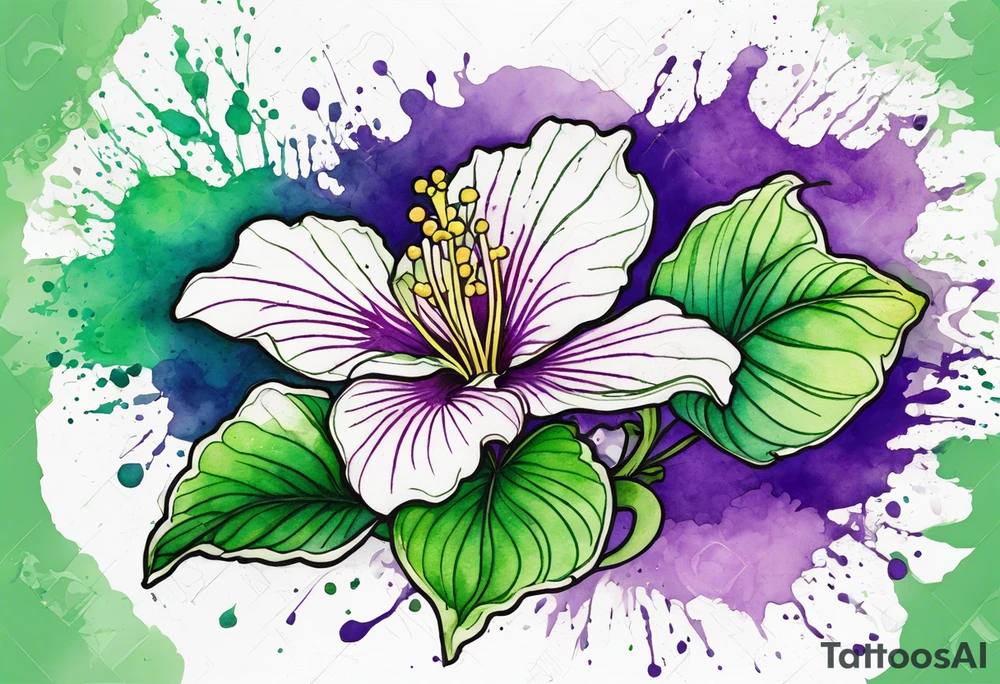 An outline of a green rio dipladenia flower and a green and purple watercolor splash in the background tattoo idea