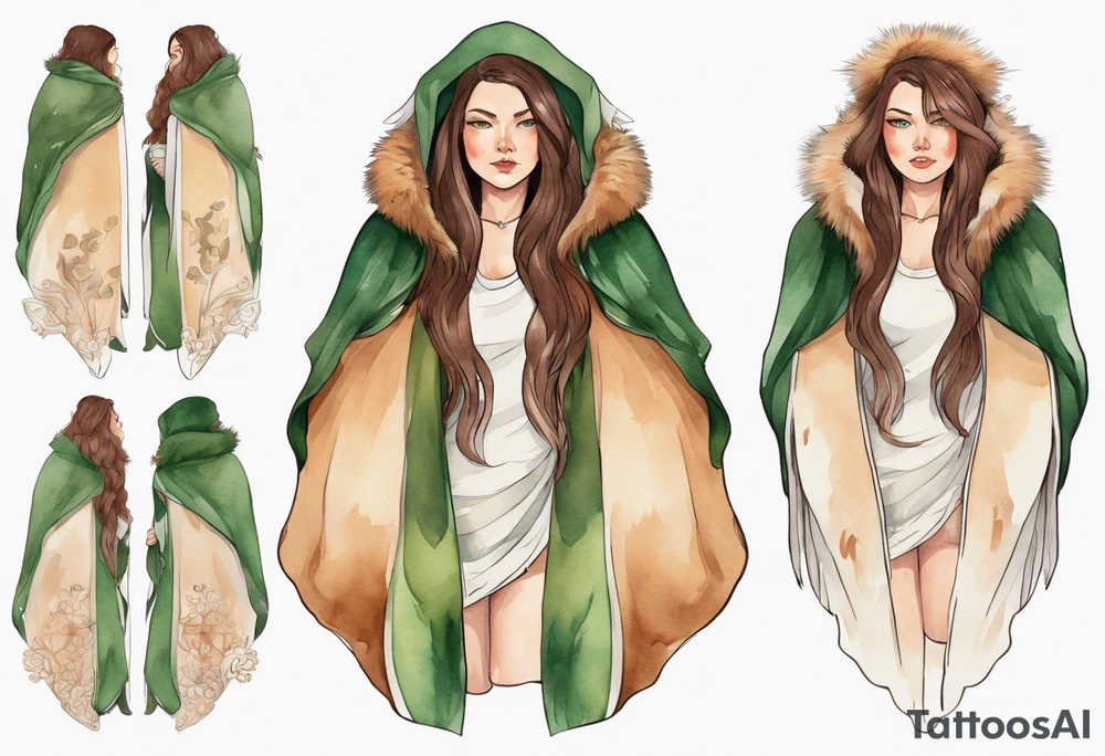 a chubby tan woman with long brown hair  and green eyes wearing a fur cloak tattoo idea