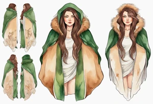 a chubby tan woman with long brown hair  and green eyes wearing a fur cloak tattoo idea