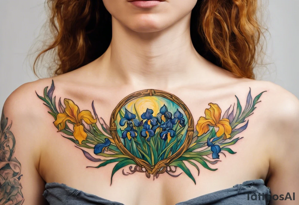 Create a colorful Vincent van Gogh Irises tattoo with Athena's shield and spear. The tattoo should take the form of a crescent, with vines gracefully intertwining at a central point in the middle of the wreath.  The intended placement is on the upper chest. The overall design should be small in size while maintaining a delicate and artistic aesthetic. Pay attention to the graceful flow of the vines and the placement of the irises to achieve a refined and elegant look. tattoo idea