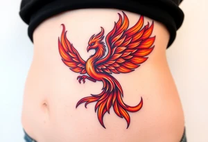 large fiery phoenix surrounded by fire. with a crown of fire flapping wings with a flaming tail tattoo idea