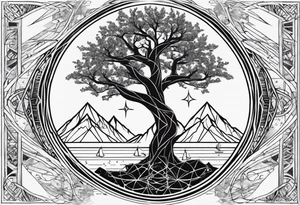 Tree of Life with DNA and Deathly Hallows Symbol and Velaris Mountains and Stars tattoo idea