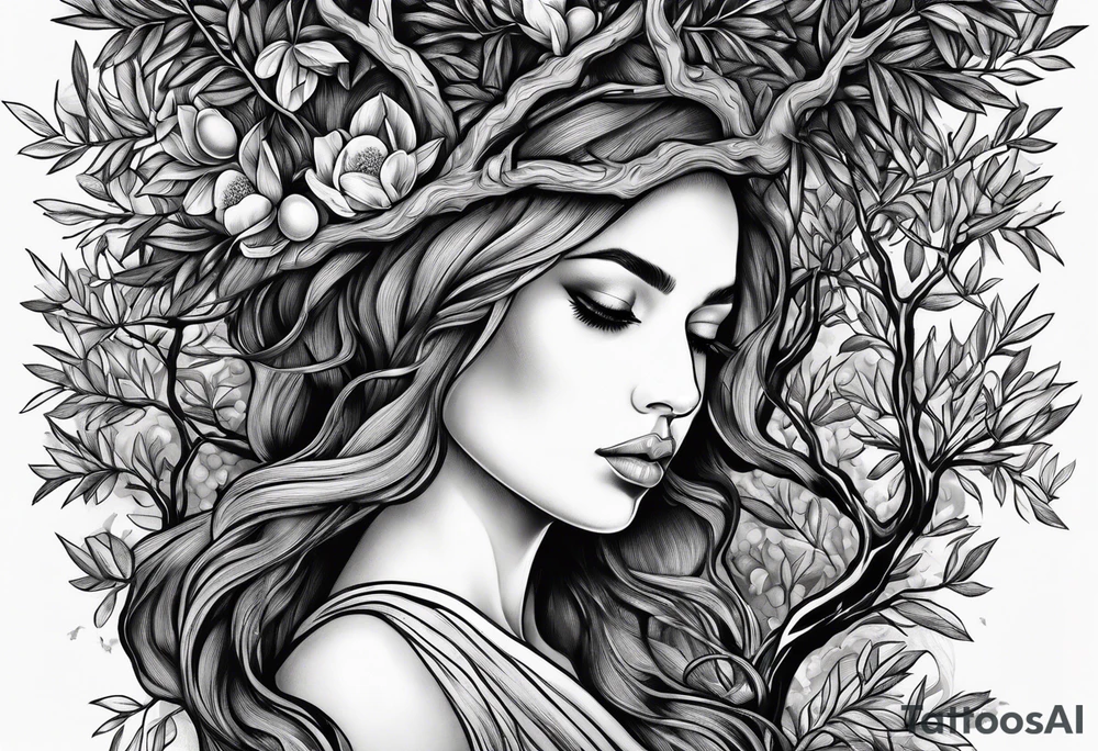 a woman turning herself in an olive tree tattoo idea