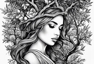 a woman turning herself in an olive tree tattoo idea