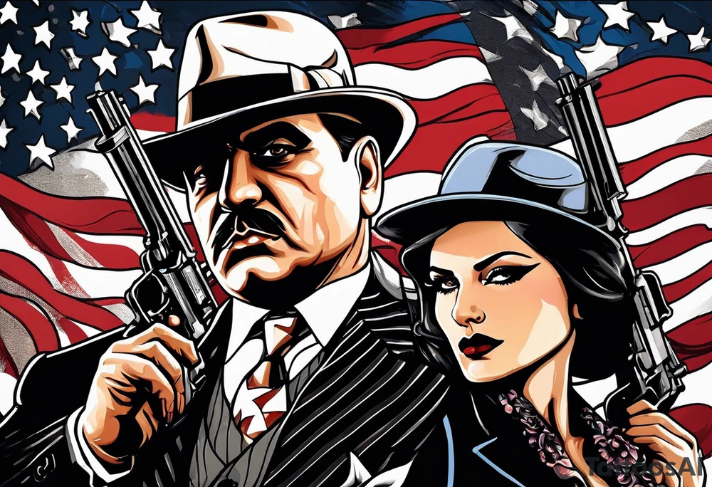 capone style gangsters battling with machine guns against a dark flame background 
american flag and sexy women tattoo idea