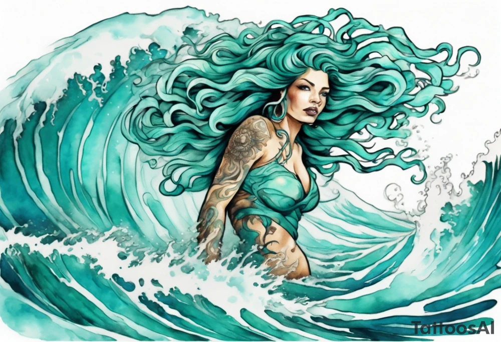 a beautiful turquoise gorgon emerging from an ocean wave, crashing onto the shore tattoo idea