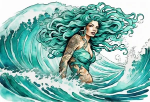 a beautiful turquoise gorgon emerging from an ocean wave, crashing onto the shore tattoo idea