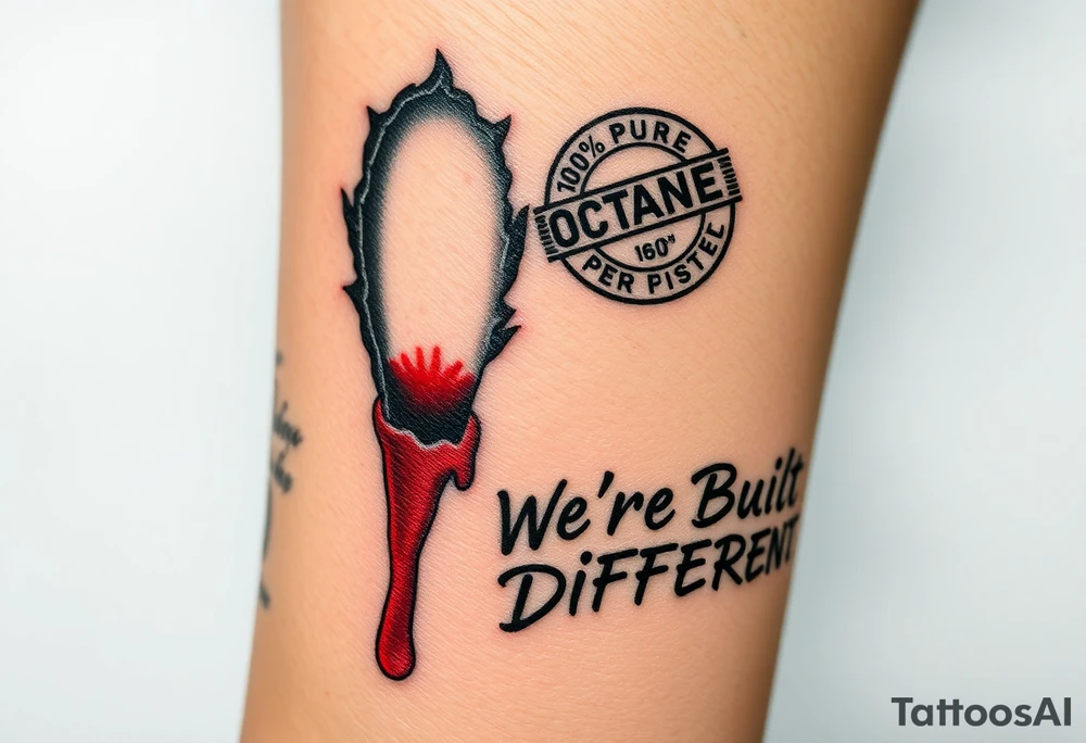 A 6” slit, with blood dripping out, with a “100% Pure Octane” stamp near the blood, and the words, “We’re Built Different!”, underlined by the 6” slit. tattoo idea