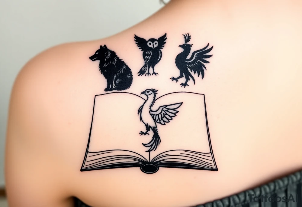 An open book with black silhouettes of a werewolf, an owl, a dragon & a phoenix above it tattoo idea