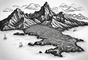 Map of the eastern Caribbean islands with an ocean view of the island mountains across the sea in the background tattoo idea