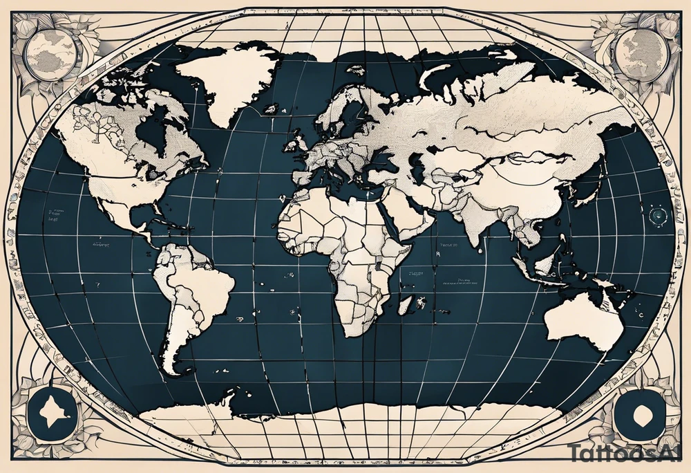 the earth on a flat map with no shading placed on a grid with only the lines with accurate depictions of the borders in countries while having it in an oval/circular position on a grid without any borders on the sides while having the countries not have such bold borders tattoo idea