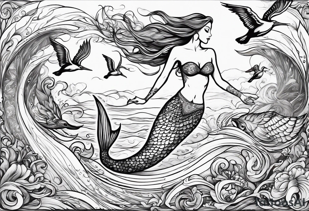 mermaid jumping to see pelicans tattoo idea