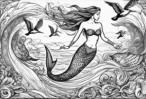 mermaid jumping to see pelicans tattoo idea