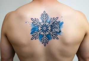 A white snowflake on Blue watercolor backround with two wolf siblings tattoo idea