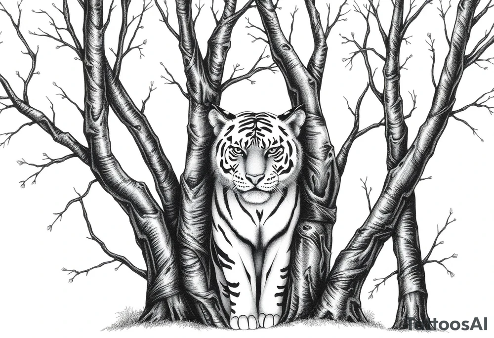 In front of the intertwined trees, looming inside the woods was a tiger that was very hard to see. tattoo idea