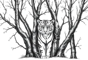 In front of the intertwined trees, looming inside the woods was a tiger that was very hard to see. tattoo idea