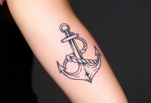 weathered anchor wrapped in nautical rope with sea waves tattoo idea