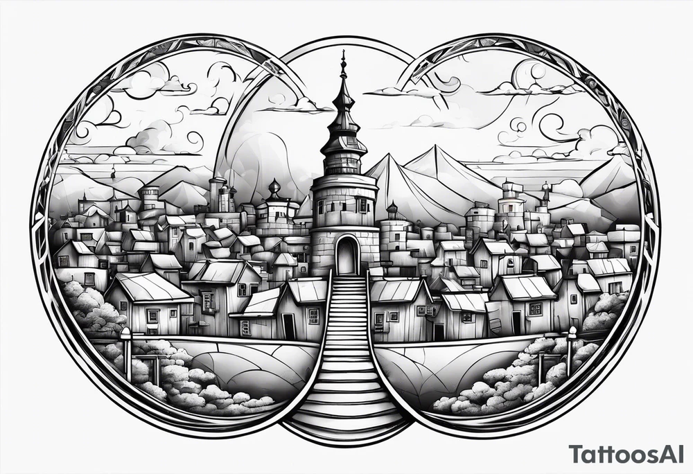 sky town with tower small houses gate entrance 
 in circle transparent clouds  vignette tattoo idea