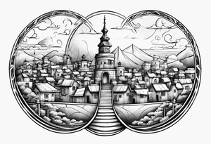 sky town with tower small houses gate entrance 
 in circle transparent clouds  vignette tattoo idea