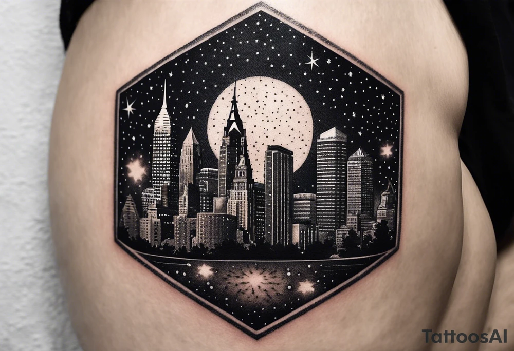 Starry sky with silhouette of Philadelphia skyline. Tattoo is embedded in a hexagonal frame tattoo idea