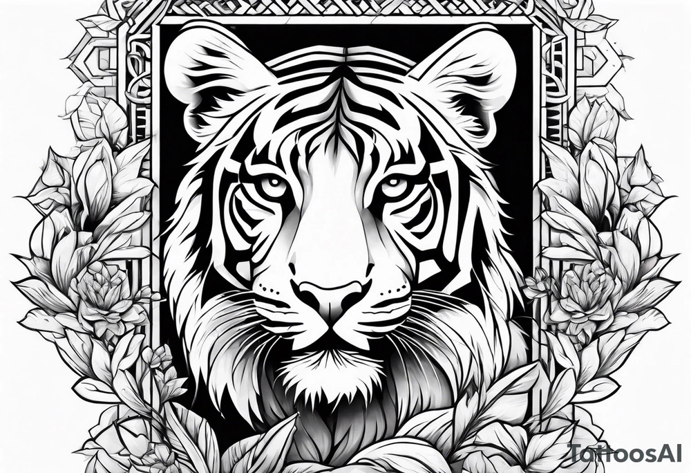 Jesus on a cross with a tiger cub walking in front tattoo idea