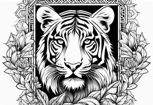 Jesus on a cross with a tiger cub walking in front tattoo idea