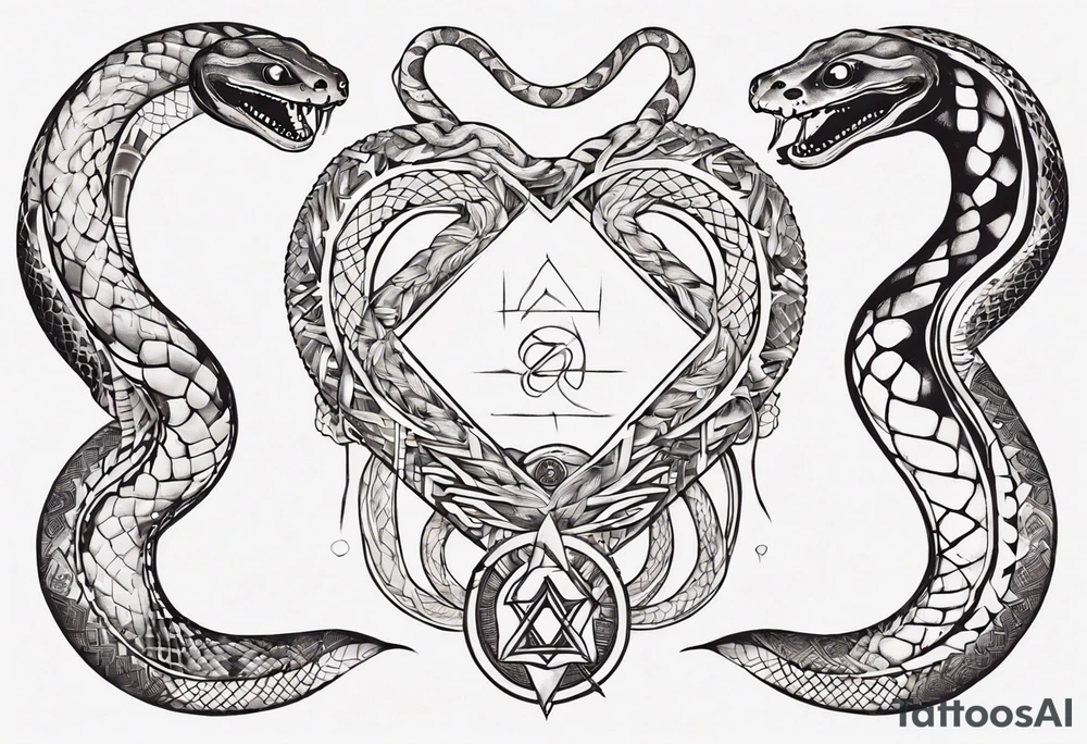 two snakes around a Buddhist amulet that represents strength, protection, and love tattoo idea