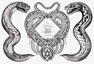 two snakes around a Buddhist amulet that represents strength, protection, and love tattoo idea