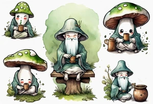 a kodama wearing a mushroom hat and a mossy beard and a medieval tunic drinking from a wood cup, sitting on a bench smiling tattoo idea