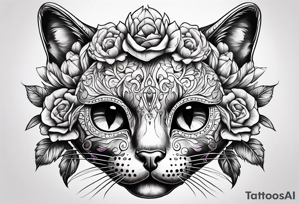Cat skull with flowers coming out of eye holes tattoo idea