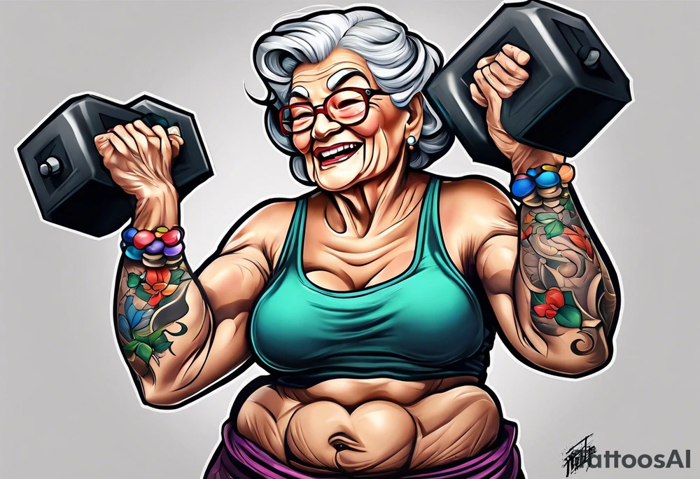 Strong old woman lifting dumbells tattoo idea