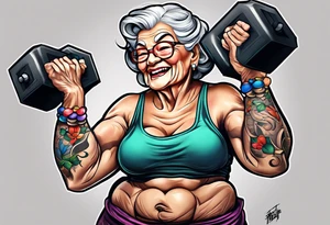 Strong old woman lifting dumbells tattoo idea
