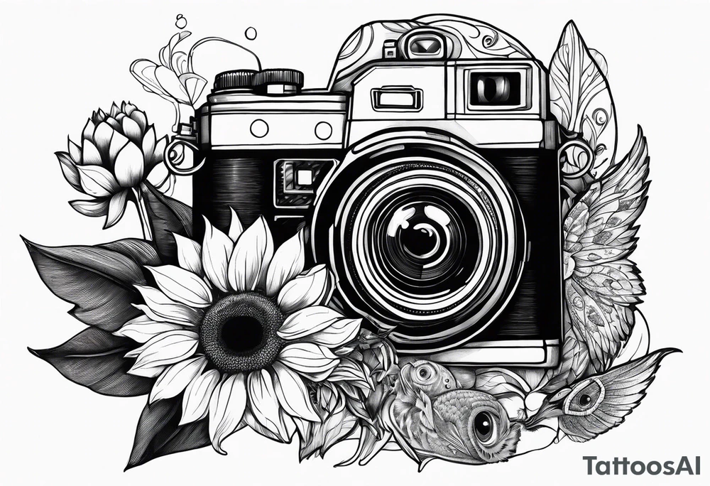 sunflower, camera, fish, owl tattoo idea