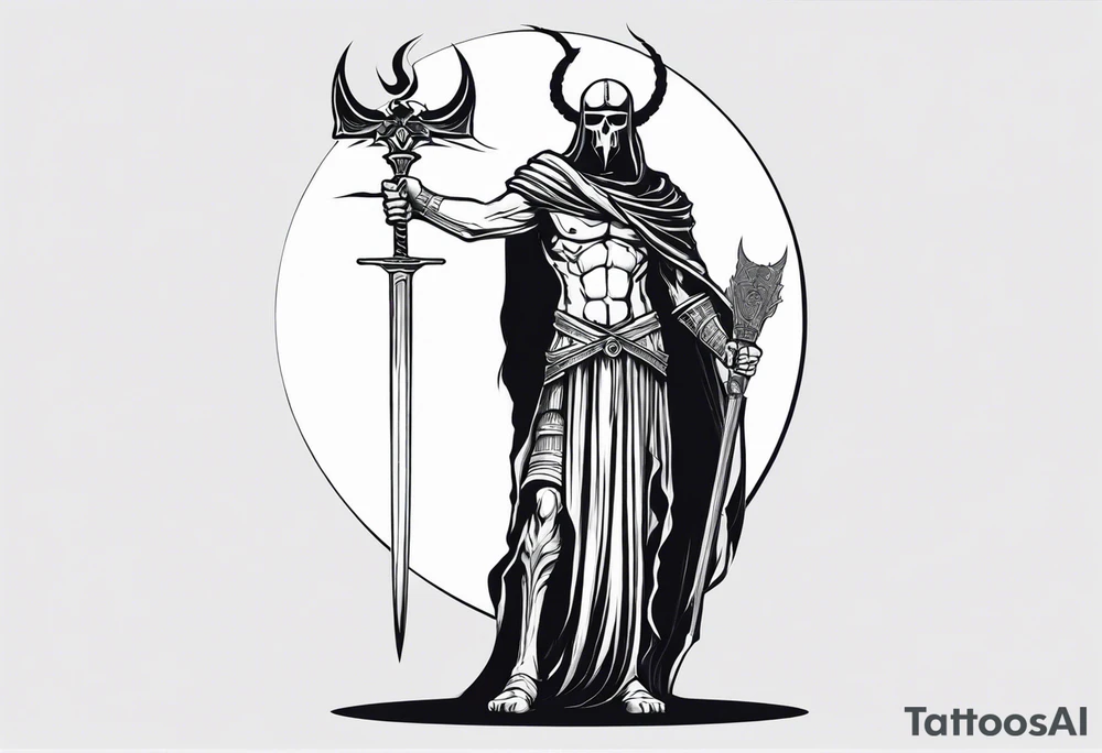 Thanatos, the greek god of death, holding a sword and a torch tattoo idea