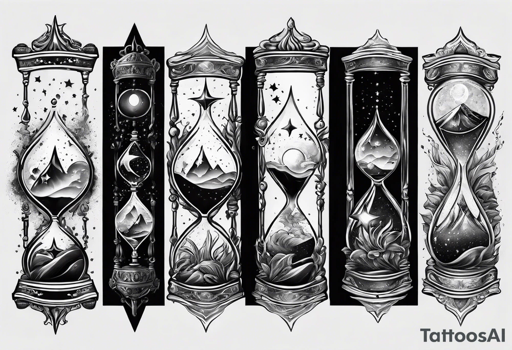 Hour glass with star stuff and cosmic dust exploding from each side. Long tattoo to fit on the forearm tattoo idea