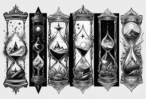 Hour glass with star stuff and cosmic dust exploding from each side. Long tattoo to fit on the forearm tattoo idea