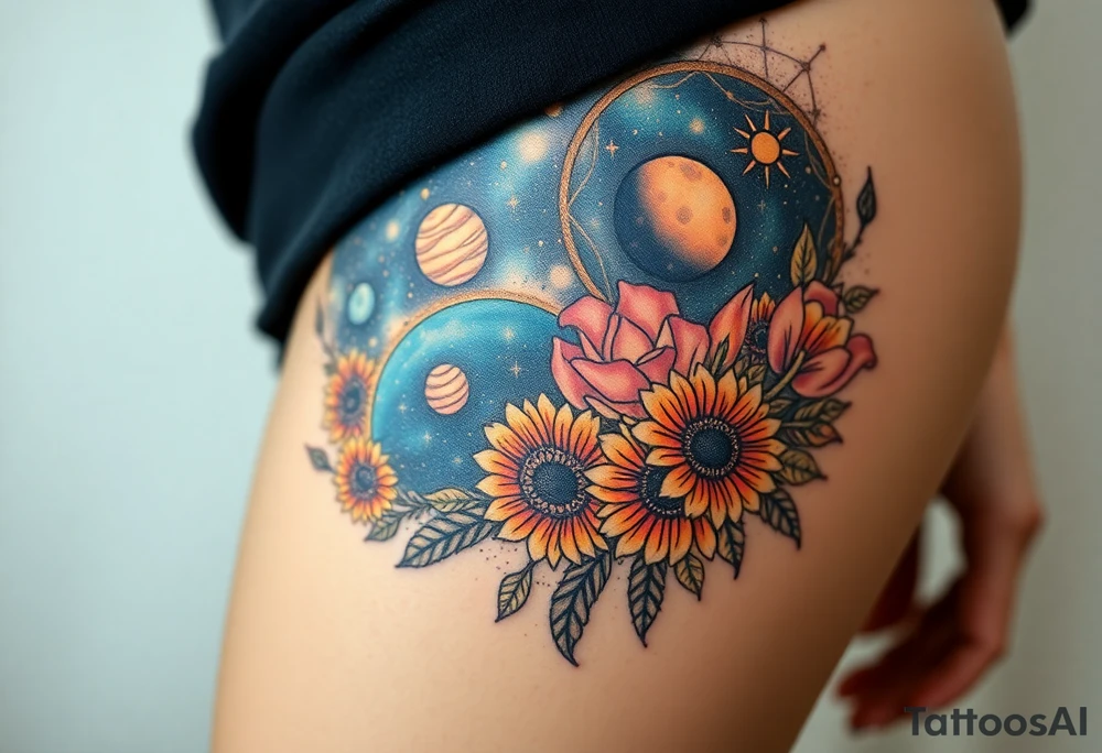 Milky way galaxy with planets with zodiac symbols and protection runes in it with tigerlillies roses and sunflowers tattoo idea