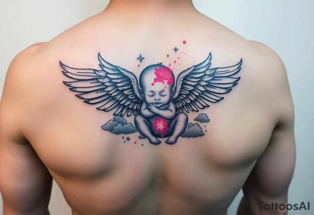 Winged baby, blue and pink watercolor, clouds tattoo idea