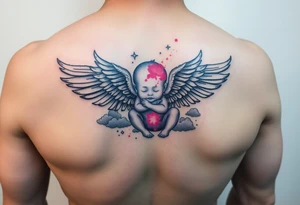 Winged baby, blue and pink watercolor, clouds tattoo idea
