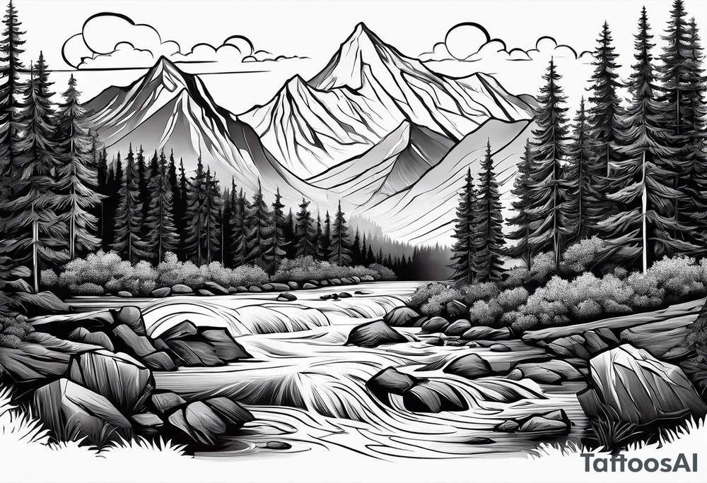 Mountains and in the mountains is a sun with sunbeams that comes out on the mountains from the mountains a river runs down tattoo idea