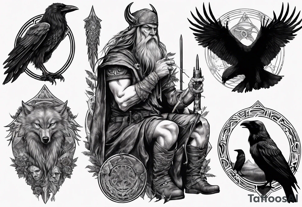 collage of Odin, his wolves, and his ravens tattoo idea