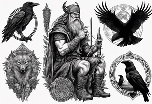 collage of Odin, his wolves, and his ravens tattoo idea