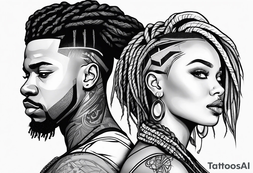 Black man with dreads and women with short hair together tattoo idea
