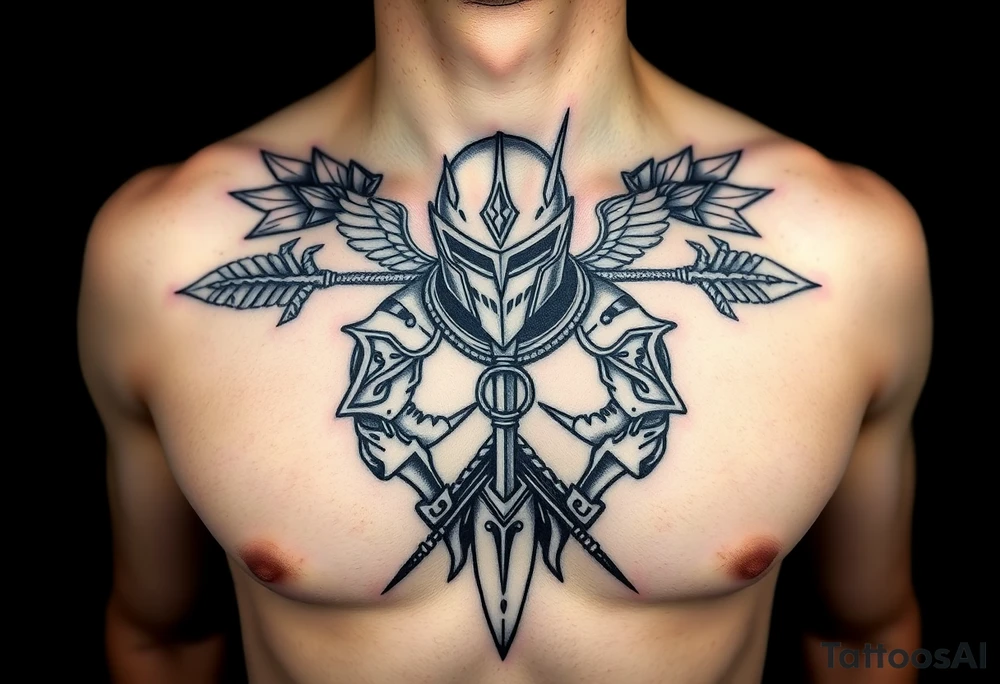 chest japan theme knight with arrow tattoo idea